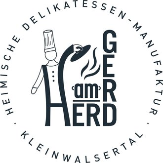 © Gerd am Herd | Gerd Hammerer Ein Logo einer Delikatessen-Manufaktur mit einem Kochsymbol. Der Name "GER am HERD" steht im Mittelpunkt, umgeben von weiteren Informationen. | © Gerd am Herd | Gerd Hammerer