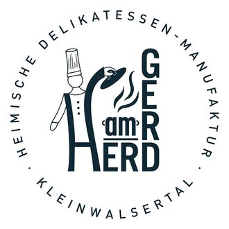 A logo of a delicatessen manufactory featuring a chef symbol. The name "GER am HERD" is at the center, surrounded by additional information. | © Gerd am Herd | Gerd Hammerer Logo