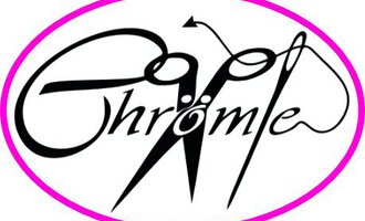 An elegant logo with scissors and the inscription "Chrömle". The main colors are black and pink.