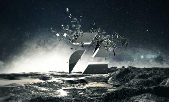 A dynamic logo made of fragments that hovers in the air. The background is dark and mysterious, creating a special atmosphere.