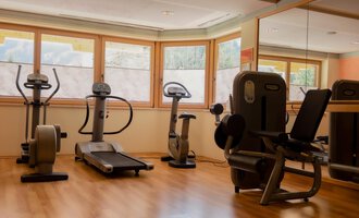 Ein moderner Fitnessraum mit verschiedenen Fitnessgeräten. Die großen Fenster lassen viel Tageslicht herein, was eine angenehme Atmosphäre schafft. | © IFA Hotel Alpenhof Wildental | Andreas Froschauer