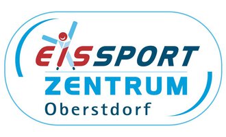 A logo of the Ice Sports Center Oberstdorf. It displays the inscription "Ice Sports Center" in blue and red with a graphic element.