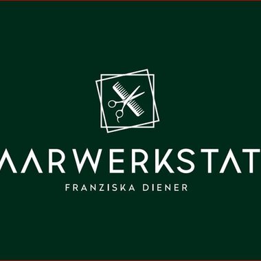 A logo for a hair salon named "Haarwerkstatt". It features scissors and combs on a green background. | © Friseur Haarwerkstatt | Franziska Diener
