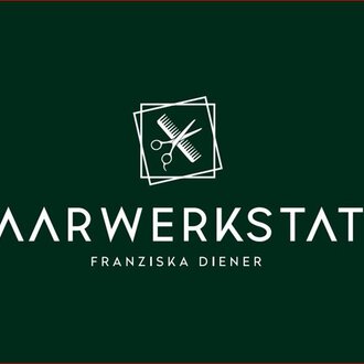 A logo for a hair salon named "Haarwerkstatt". It features scissors and combs on a green background. | © Friseur Haarwerkstatt | Franziska Diener