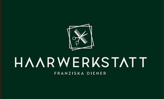 A logo for a hair salon named "Haarwerkstatt". It features scissors and combs on a green background. | © Friseur Haarwerkstatt | Franziska Diener