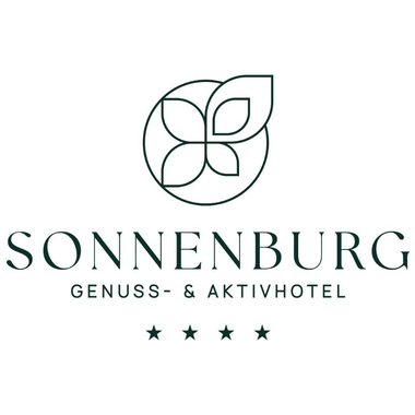 A logo of the Sonnenburg Pleasure & Active Hotel. It features colorful leaves and has four stars.