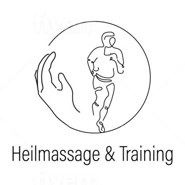 A minimalist logo that shows a hand and a running figure. The text below reads "Heilmassage & Training".