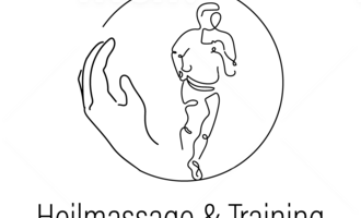 A minimalist logo that shows a hand and a running figure. The text below reads "Heilmassage & Training".