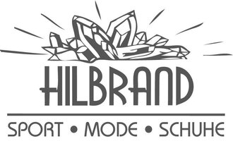 Ein modernes Logo der Marke "HILBRAND". Es zeigt stilisierte Kristalle über dem Text "SPORT • MODE • SCHUHE".