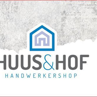A logo for the craftsman shop "Huus & Hof". It features a stylized house and the name in clear font.