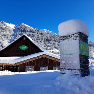 A cozy wooden house in the snow with a clear blue sky in the background. The surroundings are surrounded by snow-covered mountains and forests.