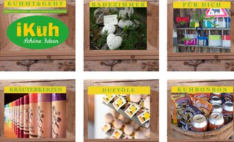 Eine Bildercollage mit verschiedenen Produkten. Oben sind Kategorien wie „Badezimmer“ und „Für dich“ zu sehen, begleitet von Artikeln wie Kräuterkersen und Duftölen.