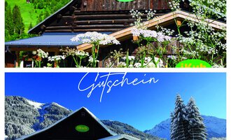 Ein Holzhaus in schöner Berglandschaft, umgeben von Blumen im oberen Teil und von Schnee im unteren Teil. Das Bild zeigt die Jahreszeiten Frühling und Winter mit dem Schriftzug "Gutschein".