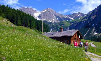 Eine malerische Berghütte inmitten einer grünen Wiese. Im Hintergrund erheben sich majestätische Berge unter einem blauen Himmel. | © Innere Wiesalpe | Andrea Kainz zuckerschnecke.at