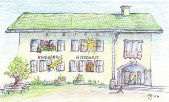 A colorful, hand-drawn building named "Kinderhaus Hirschegg". Surrounded by garden landscapes and cheerful details that create an inviting atmosphere. | © Gemeinde Mittelberg