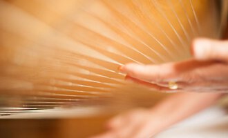 Eine Hand spielt eine Zither mit feinen Saiten. Der Hintergrund ist unscharf und warm in der Farbe. | © Bio-Hotel Oswalda Hus | Joachim Weiler