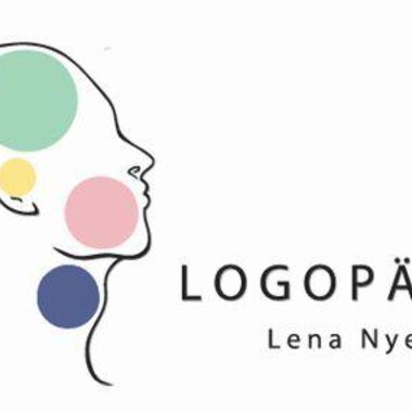 A minimalist logo with the word "LOGOPÄDIE" and the name "Lena Nyer". It features a stylized profile view of a head with colorful circles. | © Logopädie Lena Nyer Logo