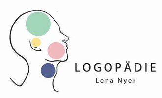 A minimalist logo with the word "LOGOPÄDIE" and the name "Lena Nyer". It features a stylized profile view of a head with colorful circles. | © Logopädie Lena Nyer Logo