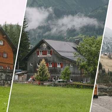 Three alpine houses in different landscapes. The surroundings are wooded and mountainous, with a slight fog. | © Mahdtalhaus | Thomas Dielmann