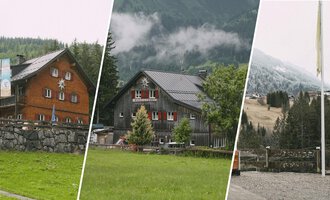 Three alpine houses in different landscapes. The surroundings are wooded and mountainous, with a slight fog. | © Mahdtalhaus | Thomas Dielmann