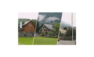 Drei alpine Häuser in unterschiedlichen Landschaften. Die Umgebung ist bewaldet und bergig, mit leichtem Nebel. | © Mahdtalhaus | Thomas Dielmann