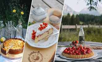 Ein Bild mit drei leckeren Kuchen, darunter ein Käsekuchen, ein Sahnetorte mit roten Ribiseln und eine Obsttorte mit Erdbeeren. Im Hintergrund sind eine schöne Landschaft und einige natürliche Elemente sichtbar. | © Mahdtalhaus | Thomas Dielmann