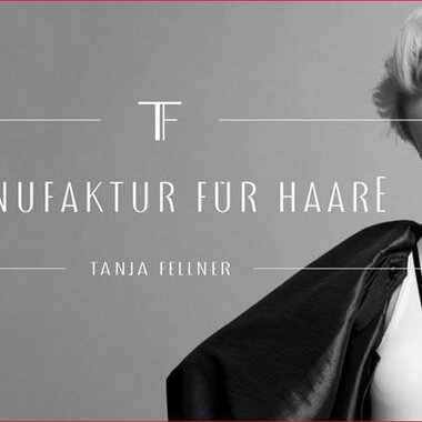 A modern black and white image featuring a woman wearing stylish clothing. The text "Manufaktur für Haare" and "Tanja Heilmer" are visible.