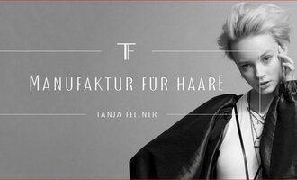 A modern black and white image featuring a woman wearing stylish clothing. The text "Manufaktur für Haare" and "Tanja Heilmer" are visible.