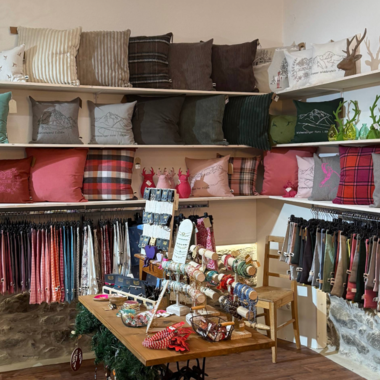 A cozy store with shelves full of decorative cushions in various colors and patterns. Below are colorful fabrics and accessories for sale on display. | © Herzstichle | Ninja Matt