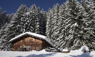 Ein gemütliches Holzhaus im Schnee, umgeben von hohen, schneebedeckten Tannen. Der klare blaue Himmel sorgt für eine malerische Winterlandschaft. | © Kleinwalsertal Tourismus | Oliver Farys