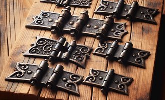 A collection of decorative hinges on a rustic wooden board. The hinges are arranged in various sizes and design variations. | © KI erstellt