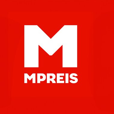 A red logo with a large white "M" and the inscription "MPREIS" below. The design is modern and eye-catching. | © Logo MPreis