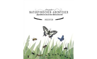 Eine Buchcover-Illustration mit dem Titel "Das große Naturforscher-Abenteuer". Es zeigt verschiedene Insekten, darunter Schmetterlinge und Käfer, umgeben von grünen Gräsern. | © Kleinwalsertal Tourismus eGen