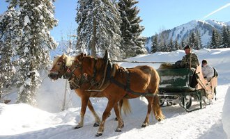 A horse-drawn sleigh ride through a snowy winter landscape. Trees and mountains are visible in the background. | © Otto Berwanger