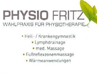 A business card for the practice "Physio Fritz". It offers various physiotherapeutic services such as therapeutic exercises, lymphatic drainage, and medical massages.