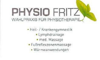 A business card for the practice "Physio Fritz". It offers various physiotherapeutic services such as therapeutic exercises, lymphatic drainage, and medical massages.