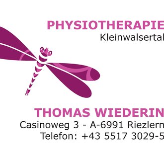 A logo for a physiotherapy practice named "Thomas Wiederin". The design features a dragonfly and includes contact details and the address.