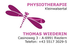 A logo for a physiotherapy practice named "Thomas Wiederin". The design features a dragonfly and includes contact details and the address.