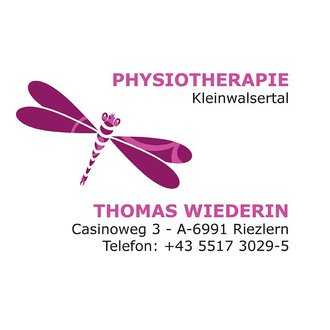 © Thomas Wiederin Logo Ein Logo für eine Physiotherapie-Praxis mit dem Namen "Thomas Wiederin". Das Design zeigt eine Libelle und beinhaltet Kontaktdaten und die Adresse. | © Thomas Wiederin Logo