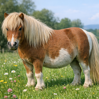 A small pony is standing in a meadow full of flowers. In the background, there are trees and a clear sky. | © Bild KI generiert