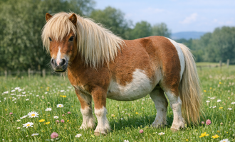 A small pony is standing in a meadow full of flowers. In the background, there are trees and a clear sky. | © Bild KI generiert