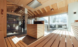 Ein modernes Spa mit Holzverkleidung und großen Fenstern. Die Sauna ist hell und einladend, mit Blick auf die Natur.