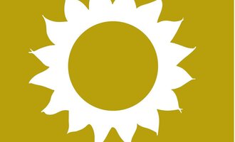 A simple, stylized sun logo in white on a light green background. The sun has ray-like leaves and a round core. | © Naturhotel Chesa Valisa Logo