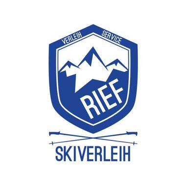 Logo for a ski rental named "RIEF". It features mountains and a sporty, modern style in blue and white. | © Rief Verleih Riezlern Johannes Rief Logo