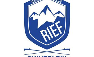 Logo for a ski rental named "RIEF". It features mountains and a sporty, modern style in blue and white.