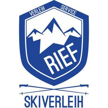 Logo für einen Skiverleih mit dem Namen "RIEF". Es zeigt Berge und einen sportlichen, modernen Stil in Blau und Weiß.
