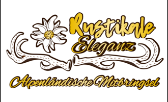 A stylish logo with a rustic design. It features an alpine flower and antlers, with the inscription "Rustic Elegance" and "Alpine Souvenirs".