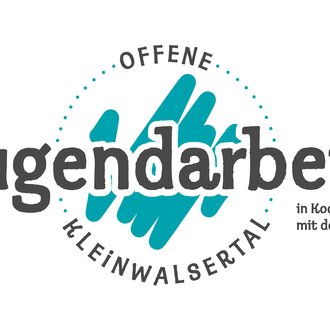 The image shows a logo for open youth work in Kleinwalsertal. It contains graphic elements in blue and the lettering "Youth Work" as well as information about the cooperation.
