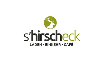 A logo with the name "s'hirscheck" that includes the words "STORE", "REFUGE", and "CAFÉ". It features a stylized antler over a green background. | © s´Hirscheck Logo