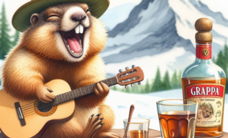 Ein lächelndes Eichhörnchen spielt Gitarre auf einem Tisch in der Natur. Neben ihm stehen Glas Grappa und eine Tasse Kaffee, mit Bergen im Hintergrund.